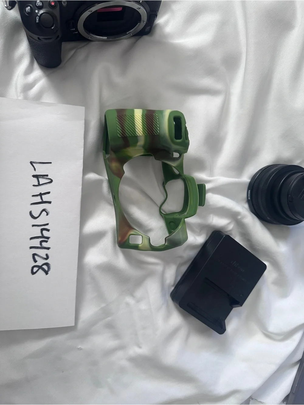 Nikon Digital Camera Body with Green Camo Skin and Yellow Nikon Strap